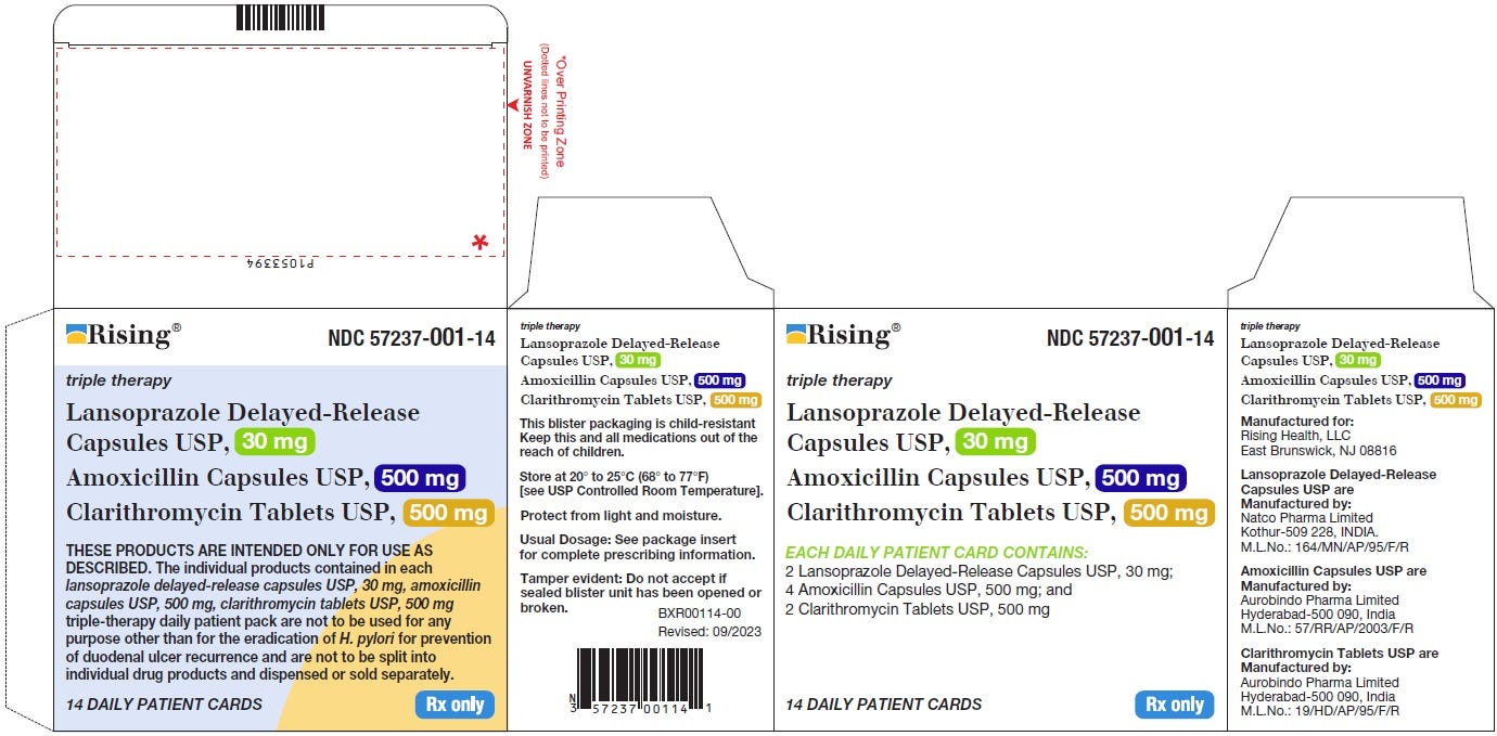 Another example of a "pack" containing three different drug products. While you could also get prescribed these three products separately, this is one convenient package that can be prescribed without needing to prescribe three different things.